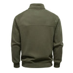 Men's olive green quarter-zip sweater, back view, with ribbed hem and cuffs.