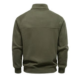 Men's olive green quarter-zip sweater, back view, with ribbed hem and cuffs.