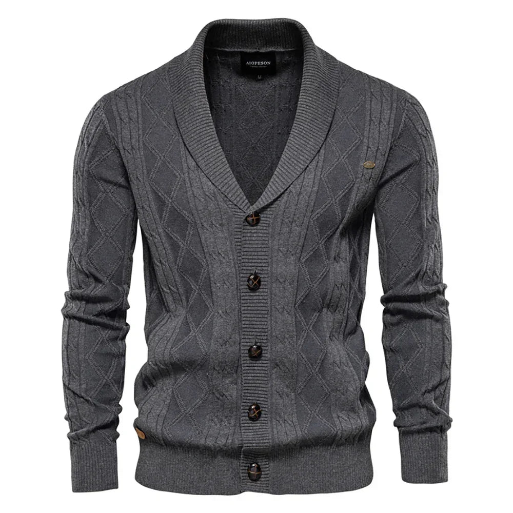 Men's knit cardigan with buttons, dark gray color, diamond pattern and ribbed cuffs