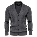 Men's knit cardigan with buttons, dark gray color, diamond pattern and ribbed cuffs