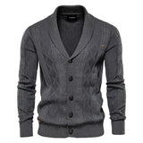 Men's knit cardigan with buttons, dark gray color, diamond pattern and ribbed cuffs
