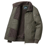 Olive military jacket with tan sherpa lining, zip front, and chest/side pockets.