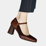 Brown leather Mary Jane classic heels with ankle strap and gold buckle