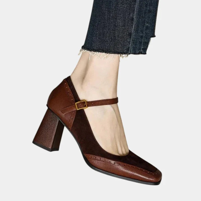 Brown leather Mary Jane classic heels with ankle strap and gold buckle