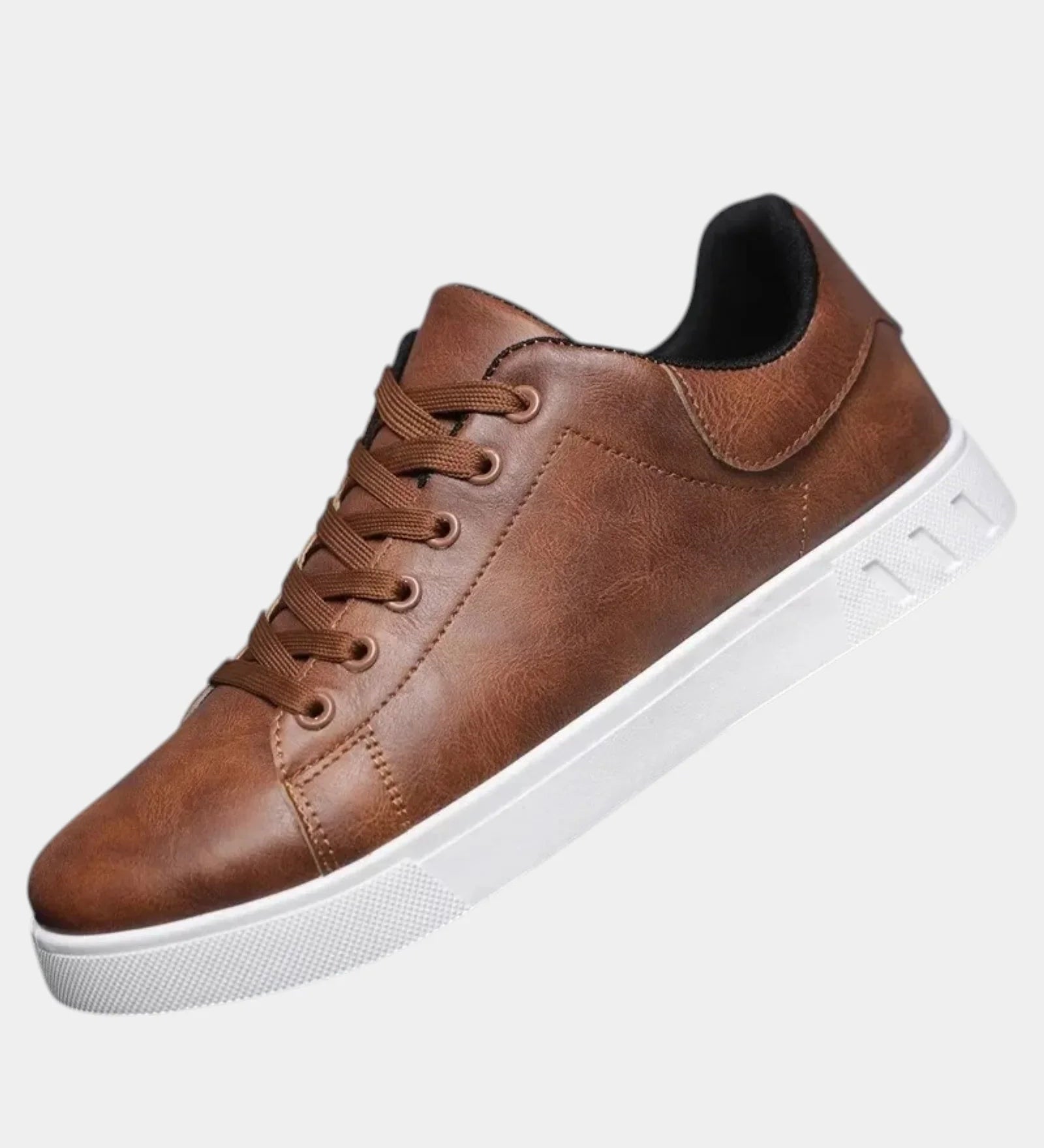Brown orthopedic lace-up shoe with padded collar and white rubber sole