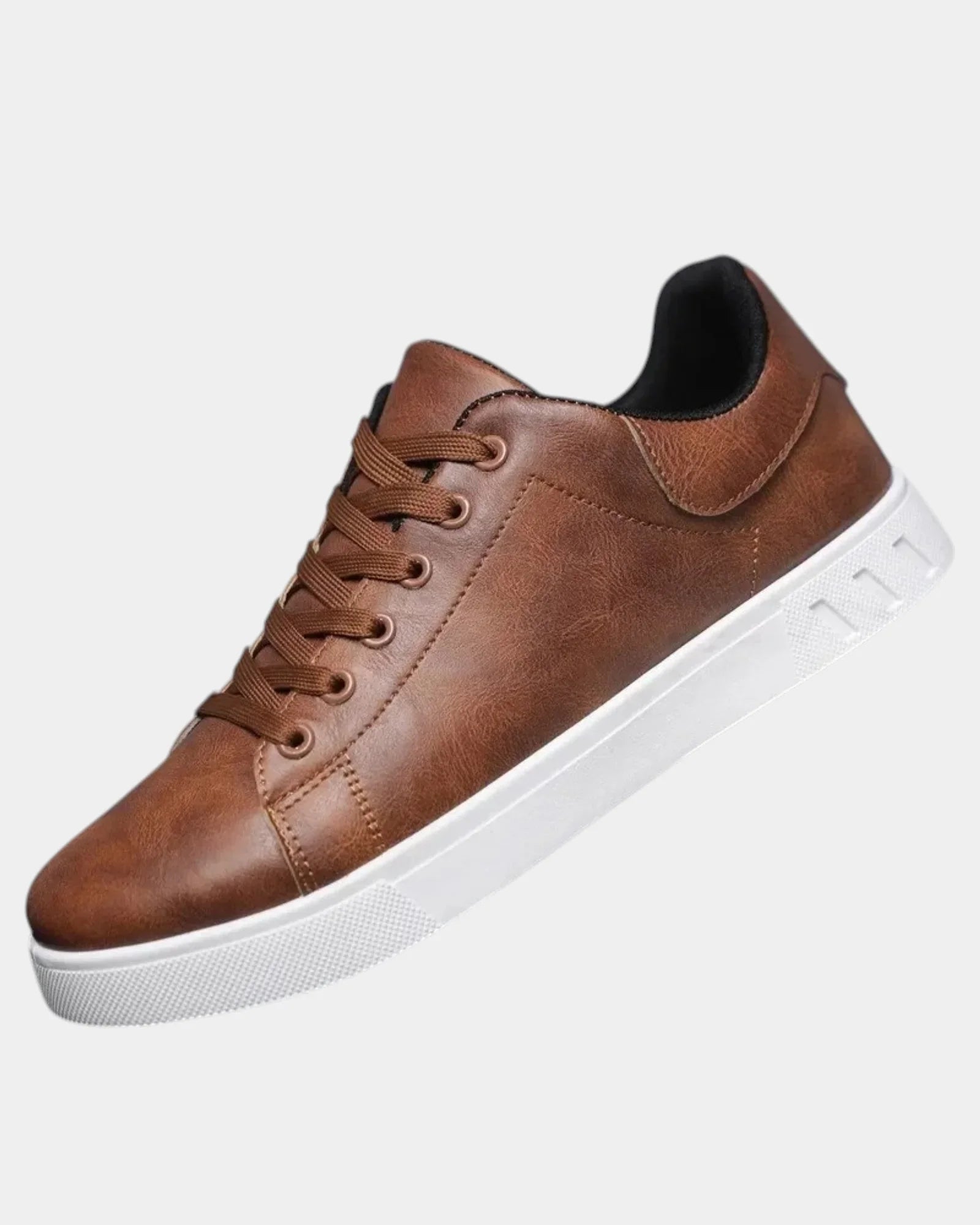 Brown orthopedic lace-up shoe with padded collar and white rubber sole