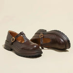 Brown leather Mary Jane shoes, T-strap with gold buckle and thick tread
