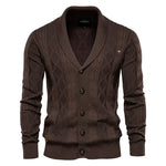 Men's knit cardigan with buttons, dark brown color, diamond pattern and ribbed waistband