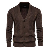 Men's knit cardigan with buttons, dark brown color, diamond pattern and ribbed waistband