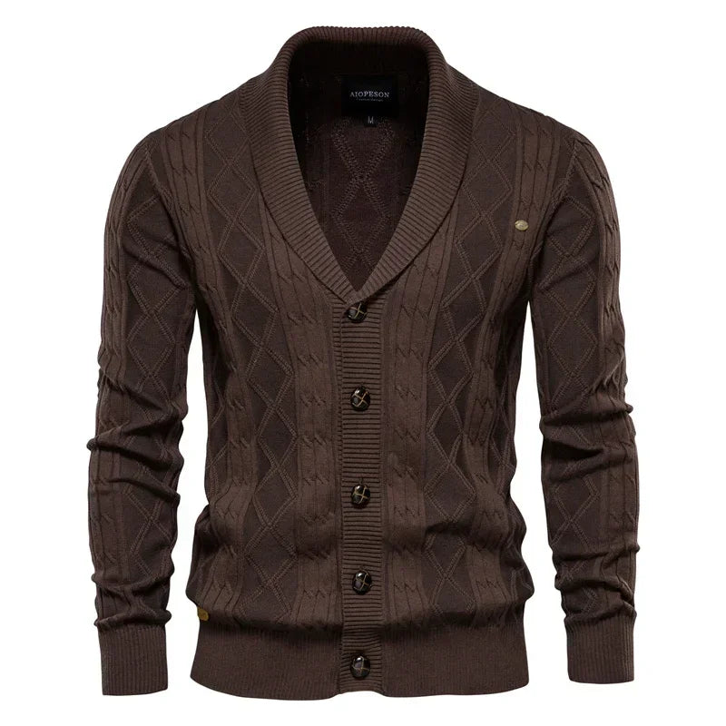 Men's knit cardigan with buttons, dark brown color, diamond pattern and ribbed waistband