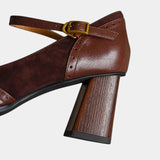Brown leather Mary Jane classic heels, side view of buckle strap and block heel