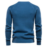 Men's blue knit pullover sweater, crew neck, ribbed cuffs and hem, back view with chest logo.