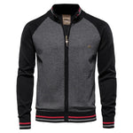 Men's zip-front sweater jacket with dark sleeves and gray front panel