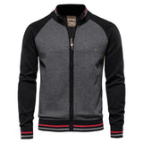 Men's zip-front sweater jacket with dark sleeves and gray front panel
