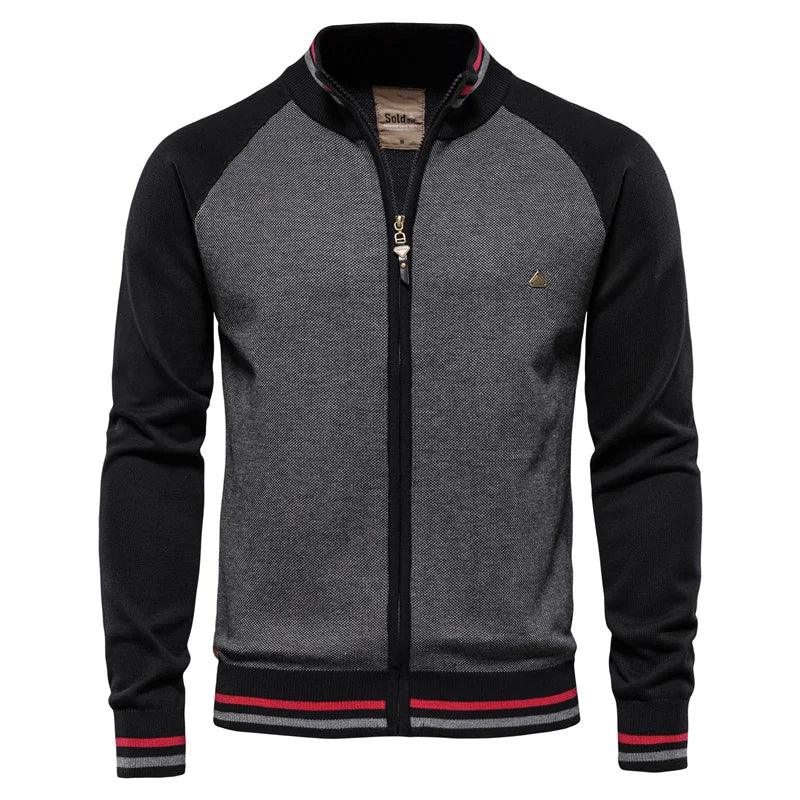 Men's zip-front sweater jacket with dark sleeves and gray front panel