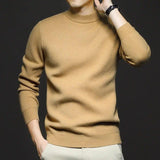 Mahogany brown high-neck knit sweater with long sleeves and ribbed hem.