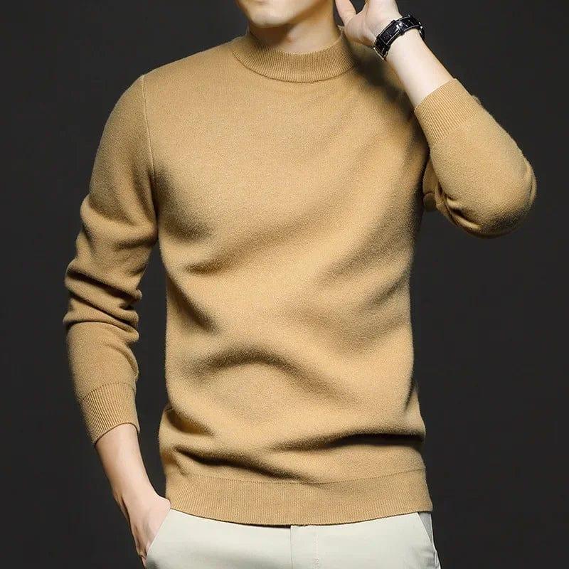 Mahogany brown high-neck knit sweater with long sleeves and ribbed hem.