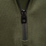 Men's olive green quarter-zip sweater zipper and placket close-up.