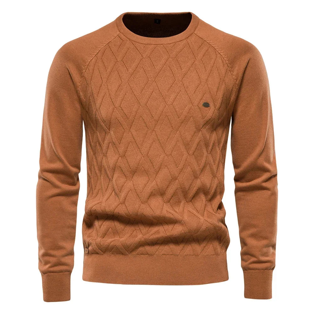 Men's knit sweater in rust brown with diamond pattern and crew neck