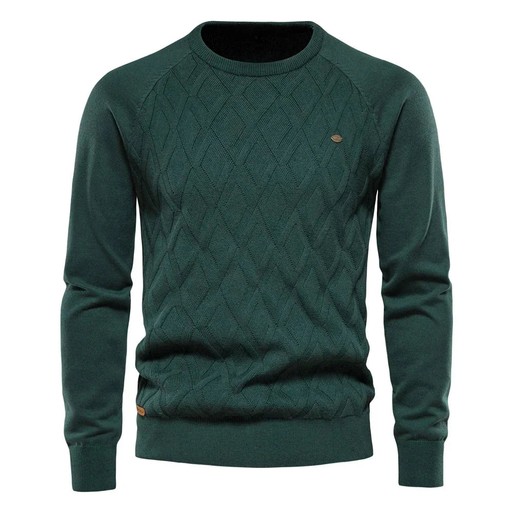 Men's knit sweater in dark green with diamond pattern and crew neck