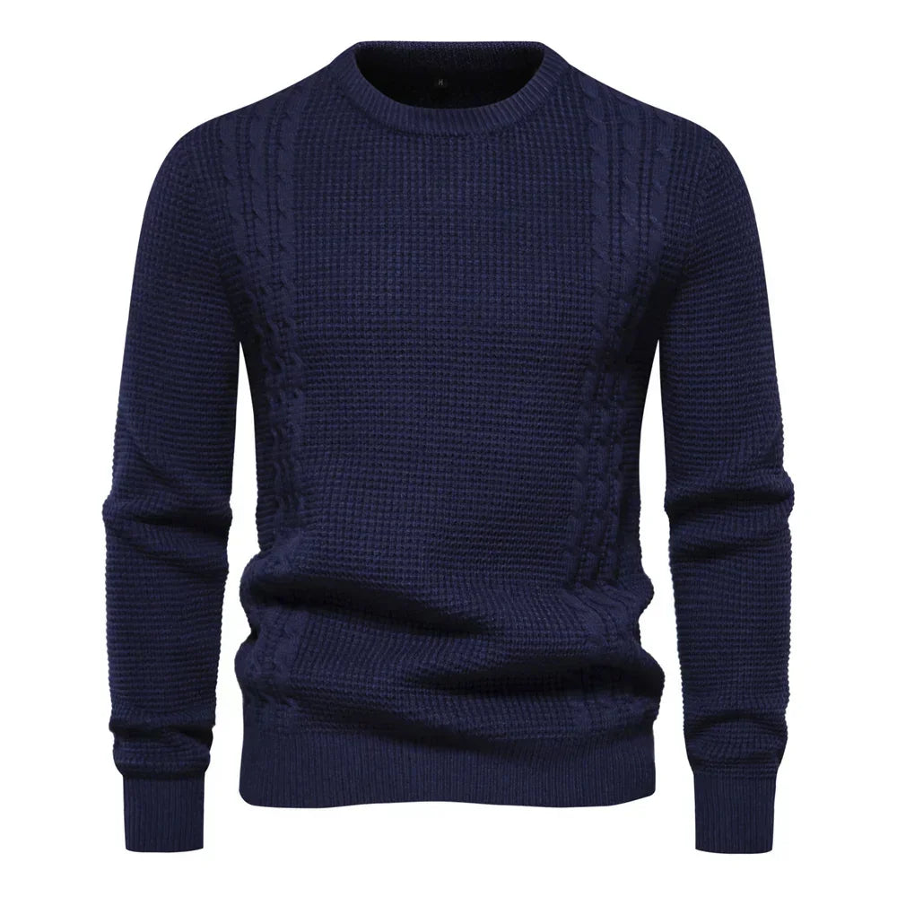 Men's knit sweater in dark blue, crew neck, long sleeves, ribbed hem and cuffs
