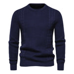 Men's knit sweater in dark blue, crew neck, long sleeves, ribbed hem and cuffs