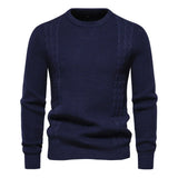 Men's knit sweater in dark blue, crew neck, long sleeves, ribbed hem and cuffs