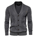 Men's knit cardigan with buttons, dark gray color, diamond texture and ribbed hem