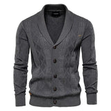 Men's knit cardigan with buttons, dark gray color, diamond texture and ribbed hem