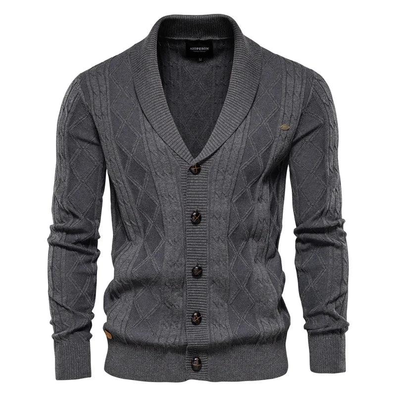 Men's knit cardigan with buttons, dark gray color, diamond texture and ribbed hem