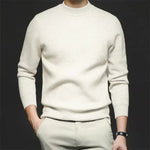 Cream high-neck knit sweater with long sleeves and ribbed cuffs.