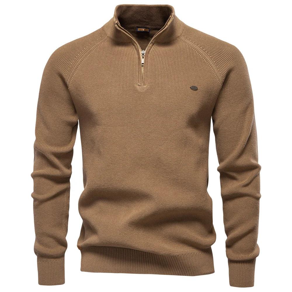 Men's brown quarter-zip knit pullover with long sleeves, ribbed cuffs, and hem