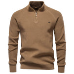 Men's brown quarter-zip knit pullover with long sleeves, ribbed cuffs, and hem
