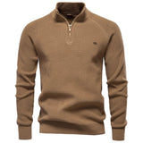 Men's brown quarter-zip knit pullover with long sleeves, ribbed cuffs, and hem