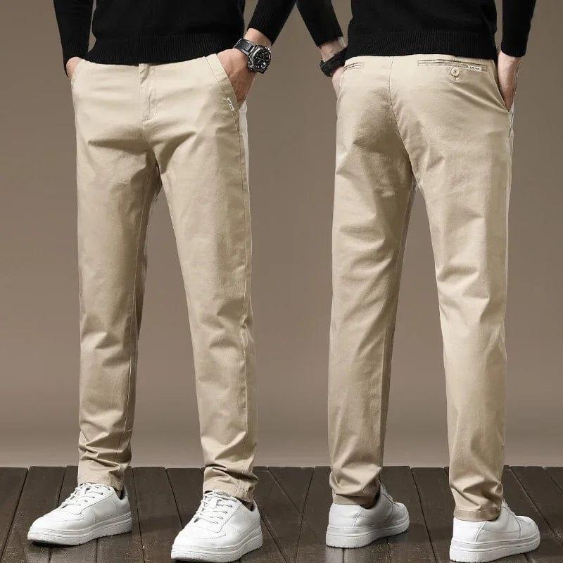 Sand color slim chino pants with button closure, belt loops, tapered legs