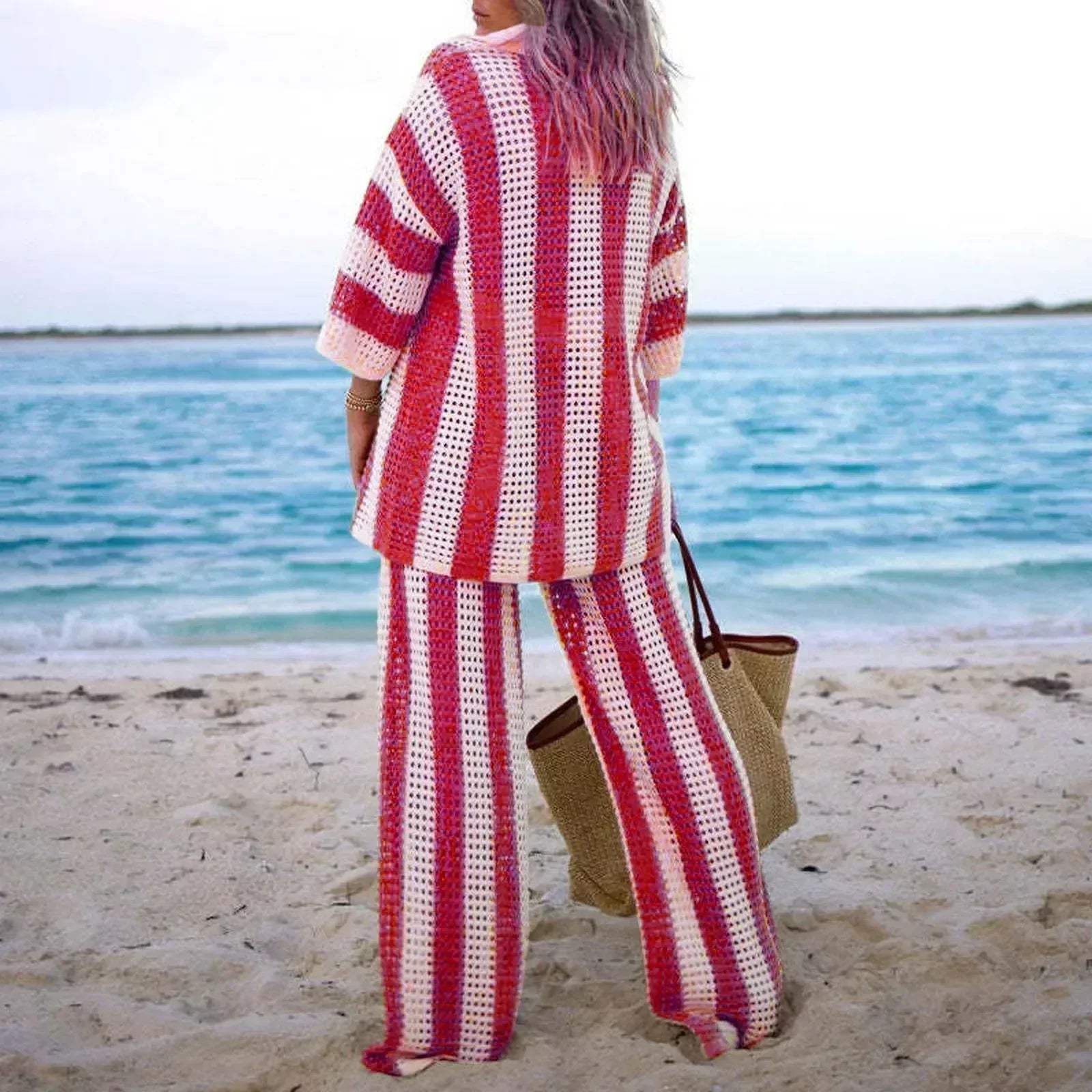 Crocheted kimono and pants set in pink and white vertical stripes