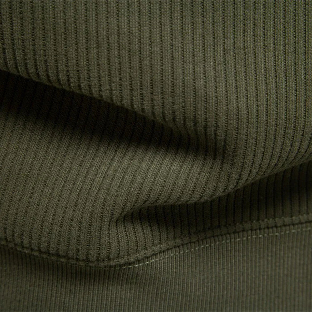 Men's olive green sweater sleeve cuff and fabric knit texture close-up.