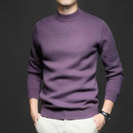 Deep purple high-neck knit sweater with long sleeves and ribbed waistband.