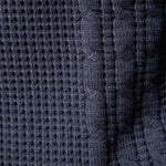 Close-up of dark blue knit sweater fabric with dotted pattern and vertical rib lines