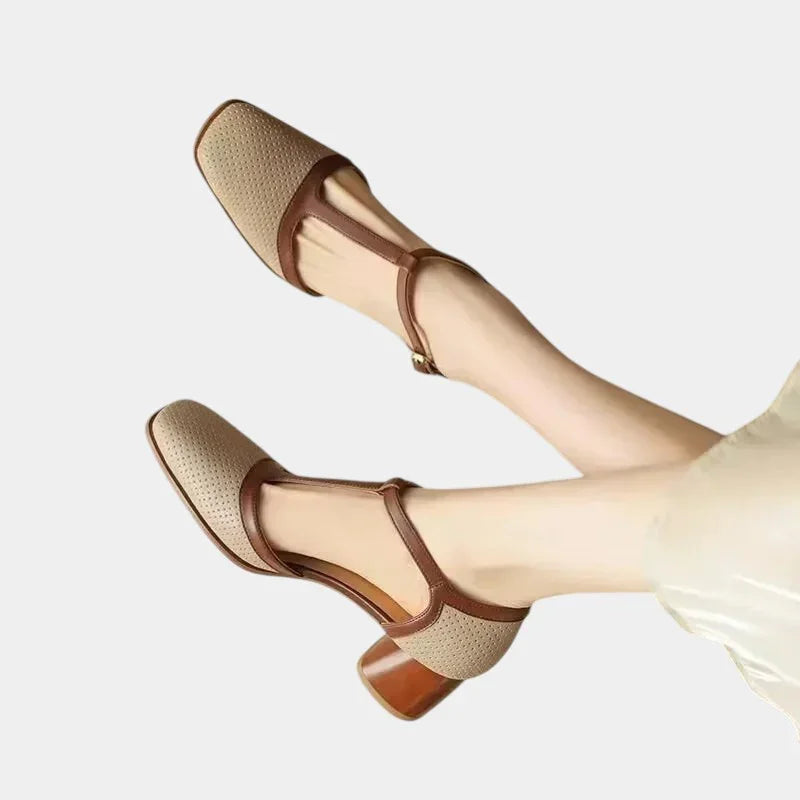 Women's mid-heel slingback shoes, beige perforated upper with brown straps