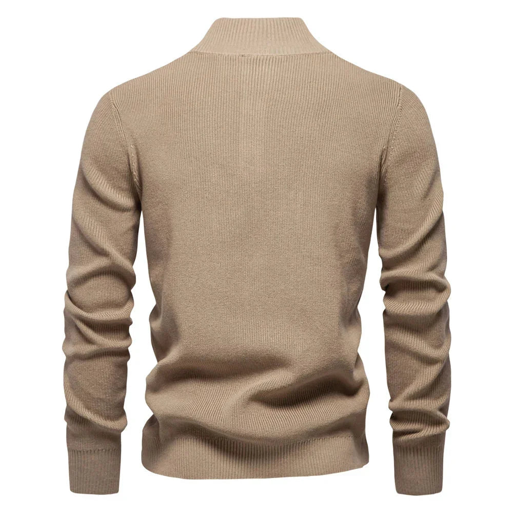 Men's knit sweater in khaki, back view with crew neck and ribbed hem and cuffs