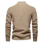 Men's knit sweater in khaki, back view with crew neck and ribbed hem and cuffs