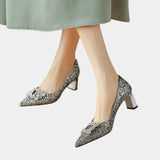 Silver glitter heeled pumps with pointed toe and block heel