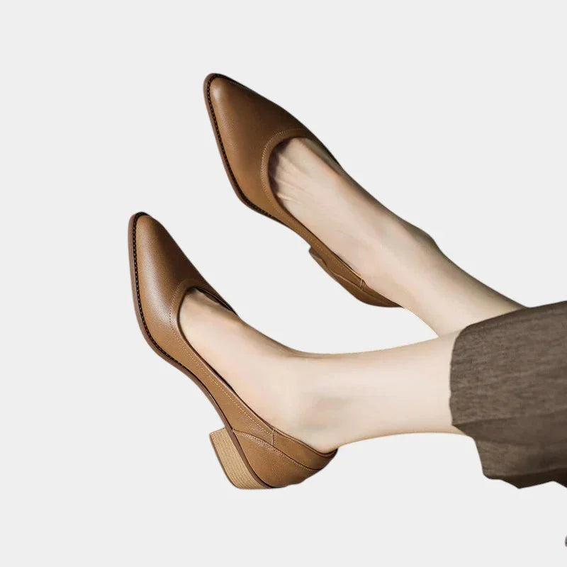Brown medium-heel slip-on shoes with almond toe and short block heel