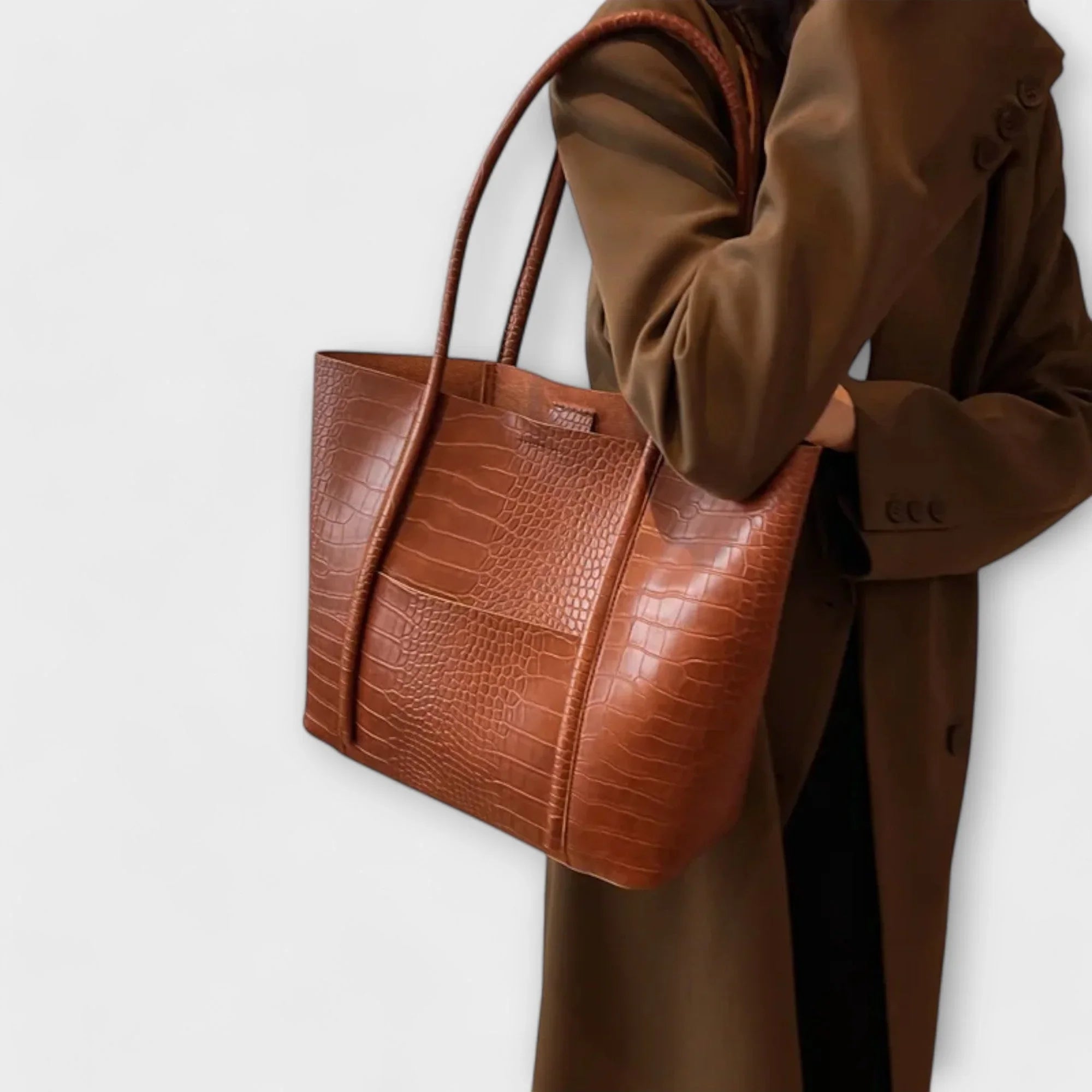 Cognac brown croc-embossed leather tote bag with double handles and open top
