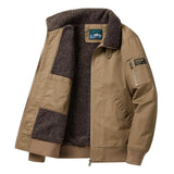 Camel military jacket with sherpa-lined interior, zip front, and utility pocket.