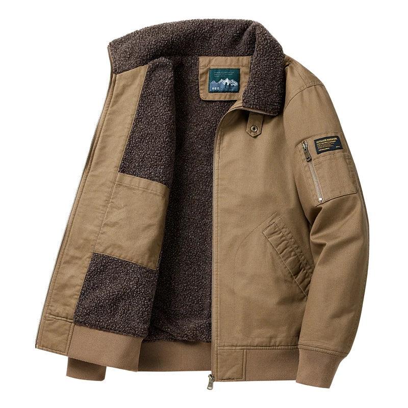 Camel military jacket with sherpa-lined interior, zip front, and utility pocket.