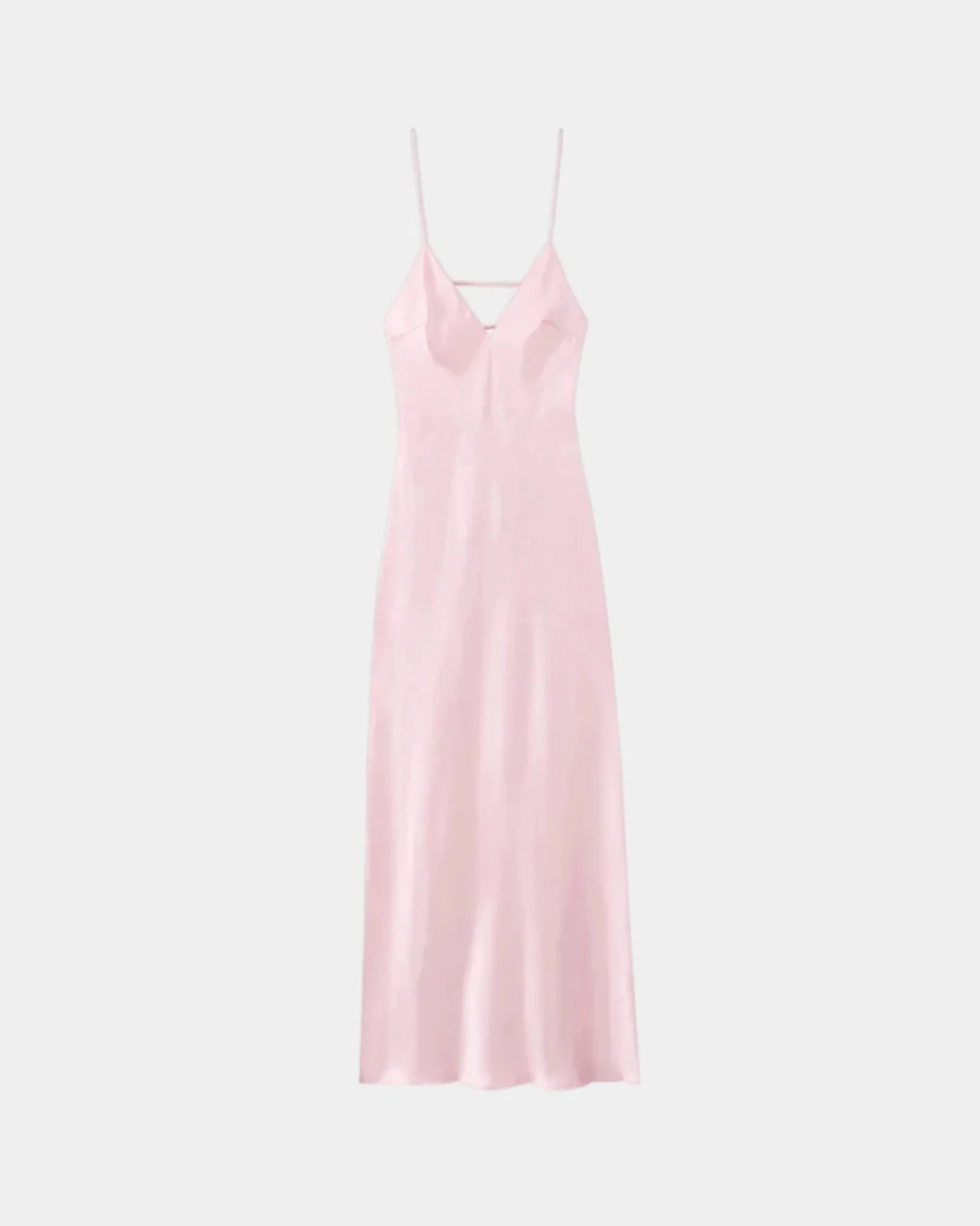 Pink satin slip dress with V neckline and spaghetti straps, straight floor-length hem