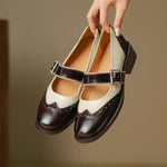 Dark brown and cream leather Mary Jane shoes with buckle strap