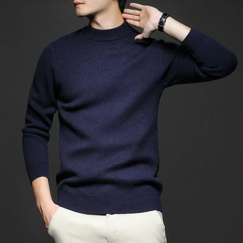 Navy high-neck knit sweater with long sleeves and ribbed cuffs.